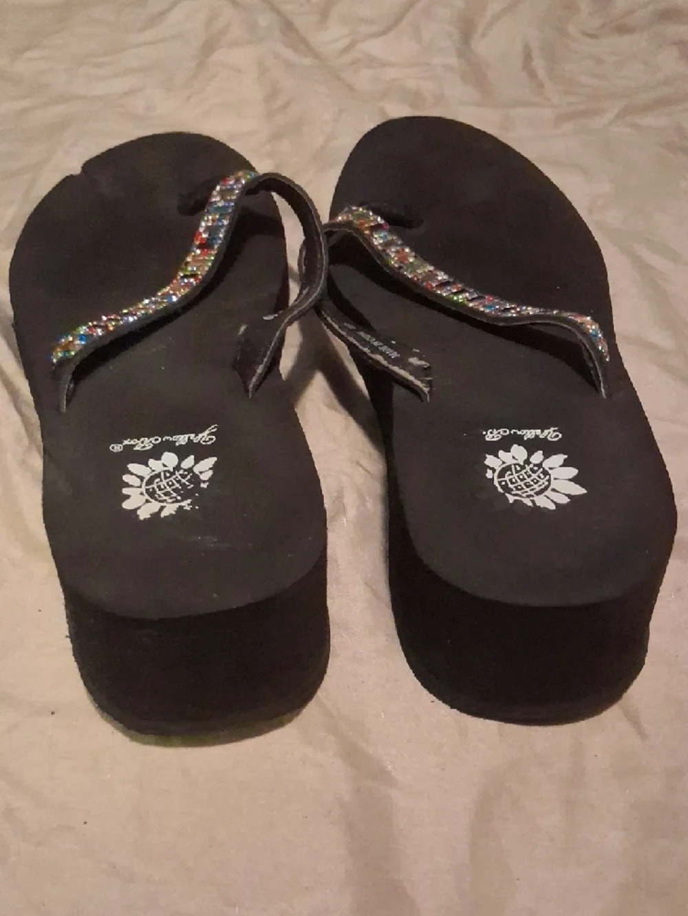 Yellow Box Black Wedge Sandals with Multicolor Beaded Straps - Picture 3 of 4